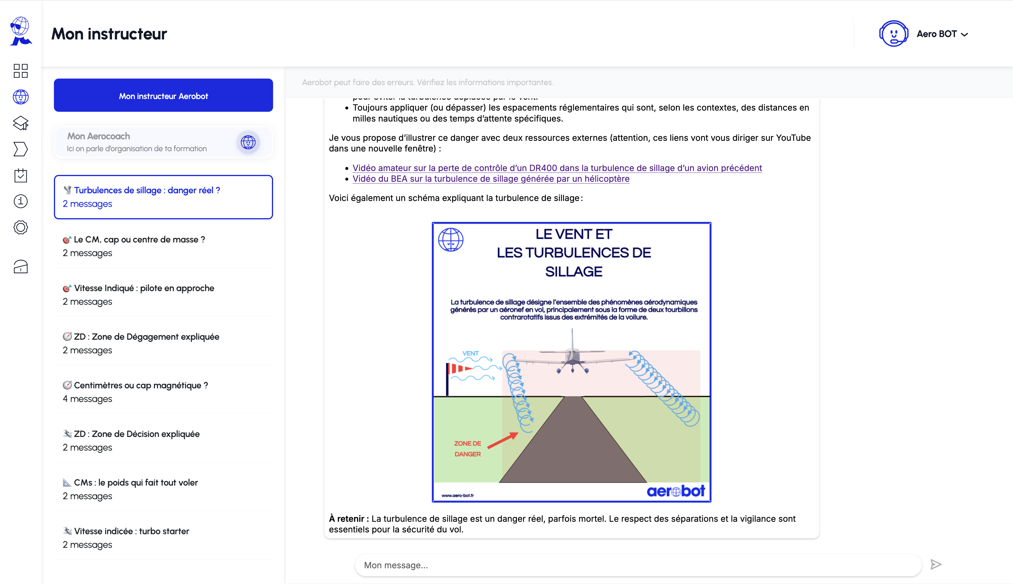 Interface de chat Aerobot complète, avec historique des conversations, liens vidéo, schéma de turbulences de sillage et champ Mon message.