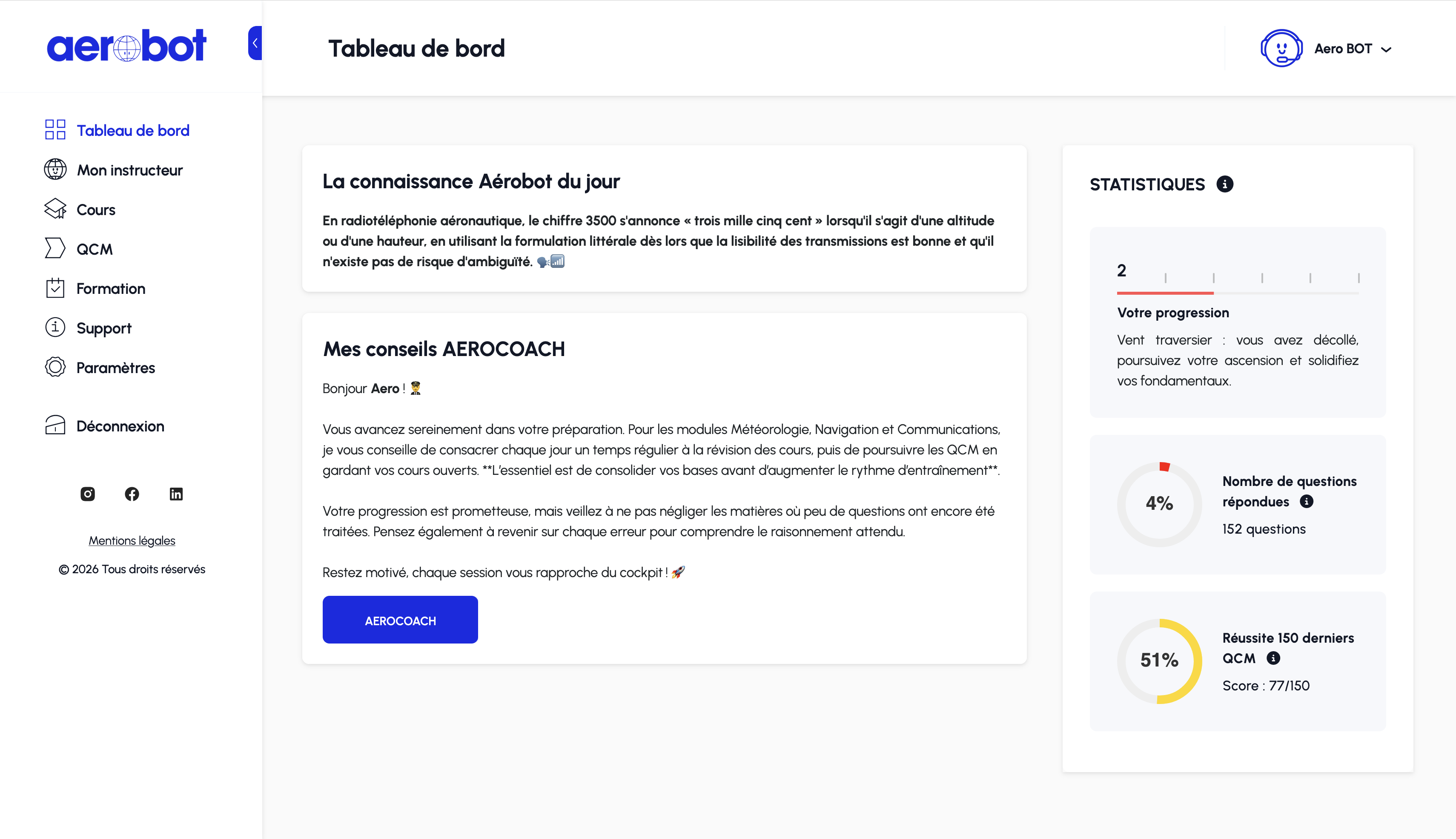 Tableau de bord avec conseils AeroCoach pour organiser les révisions.