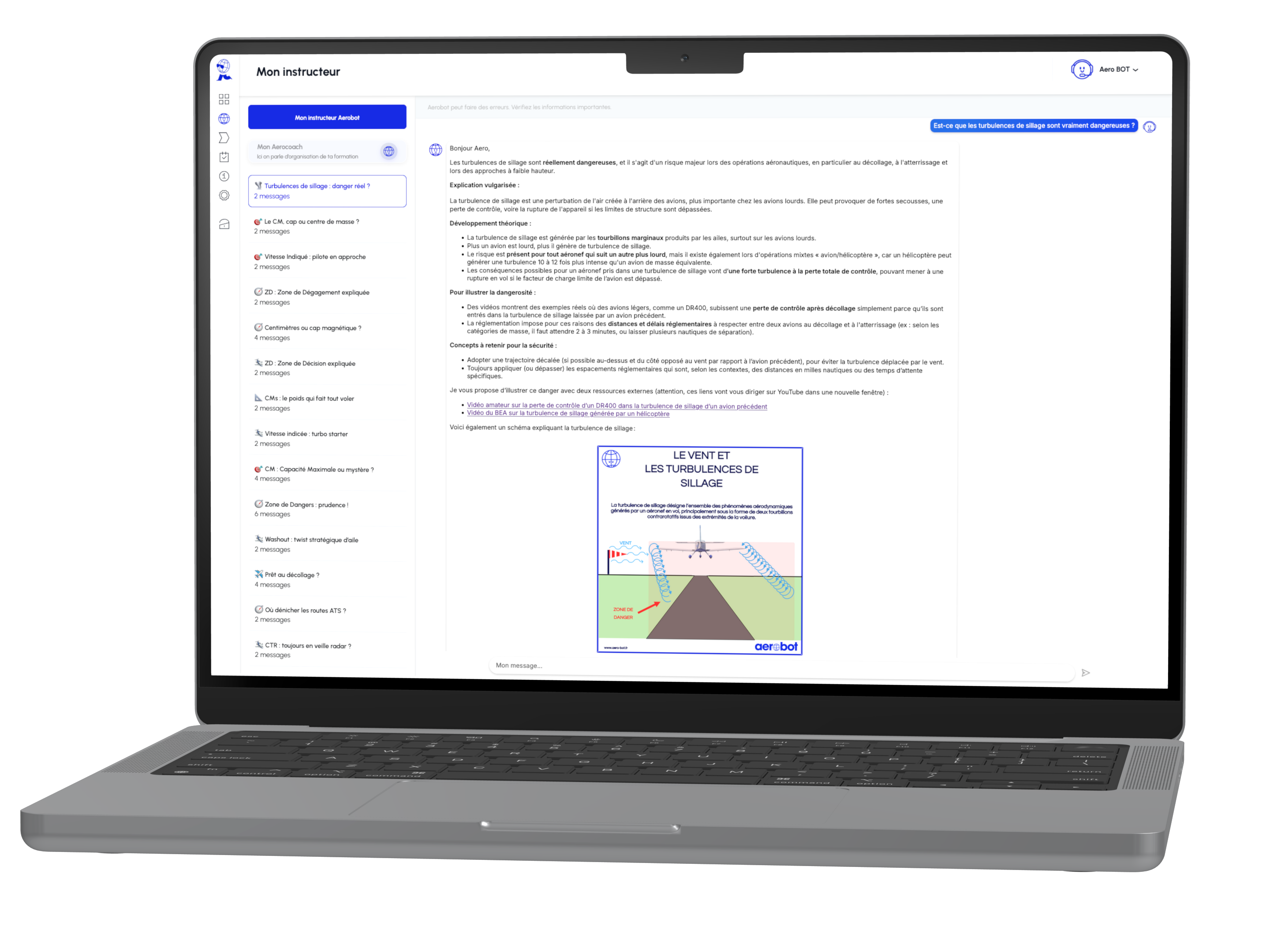 Interface de la plateforme Aerobot — instructeur IA, QCM et suivi de progression