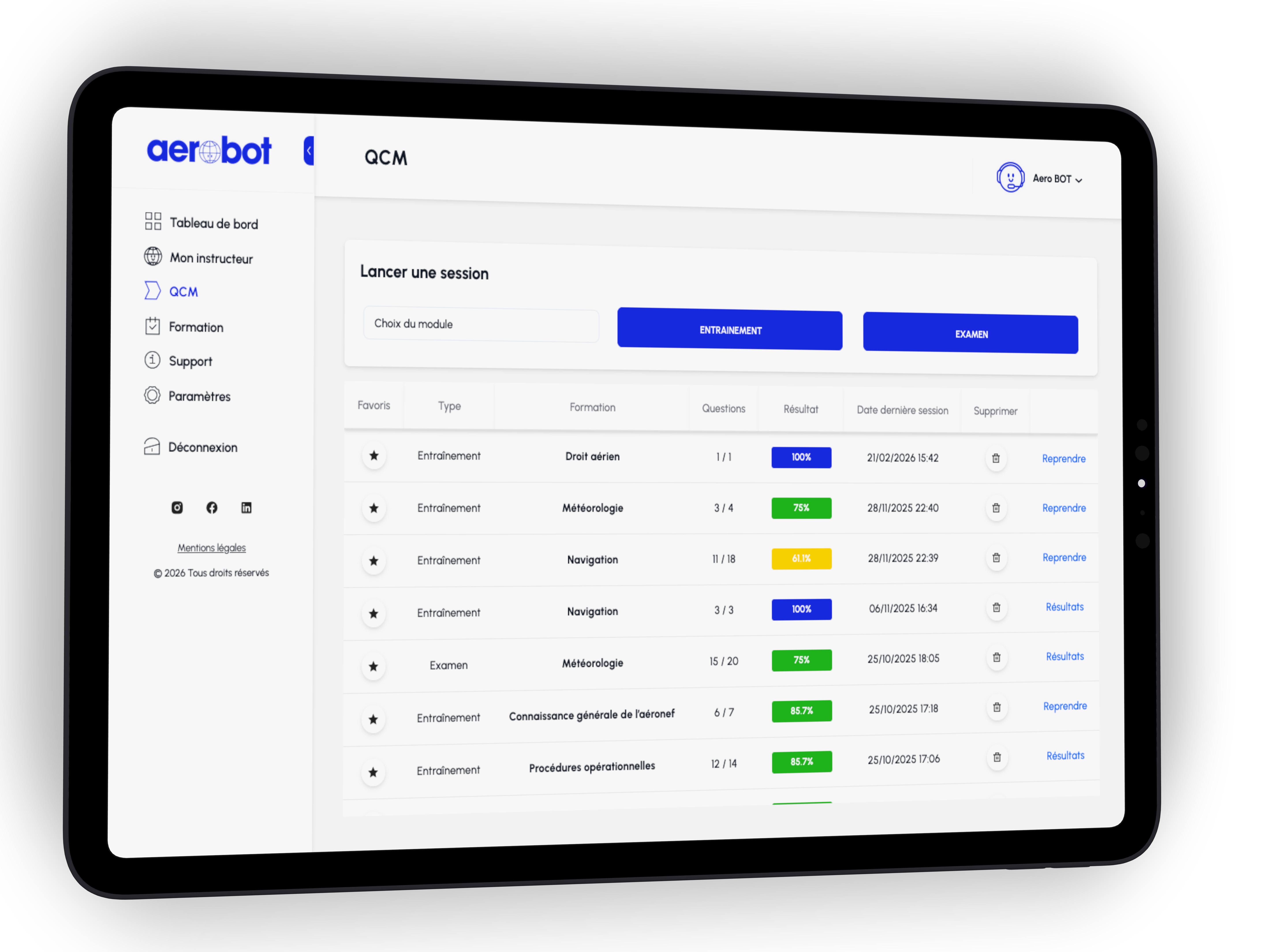 Tableau de bord de progression Aerobot avec statistiques par matière et recommandations personnalisées